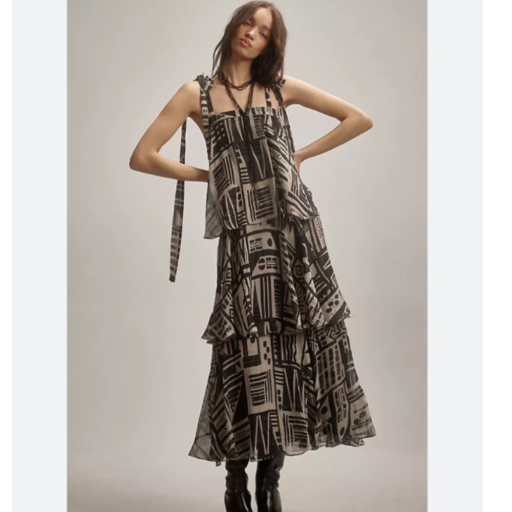 Anthropologie Black and Cream Geometric Midi Dress